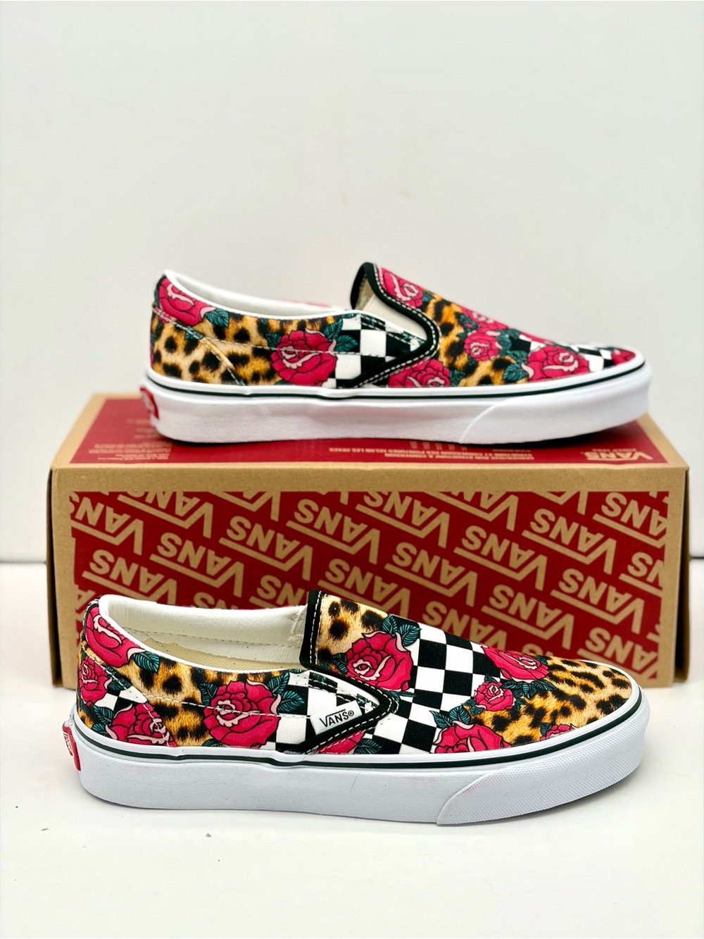 Vans Slip-On Sneakers in Leopard, Rose & Checkerboard Print